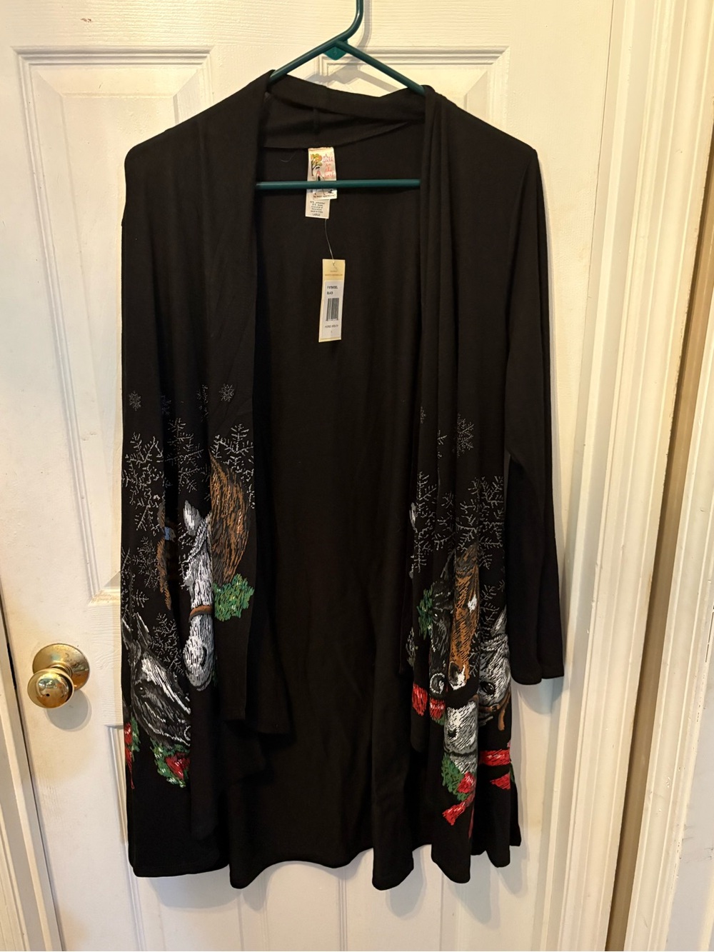Black Open Front Cardigan with Holiday Horse Print